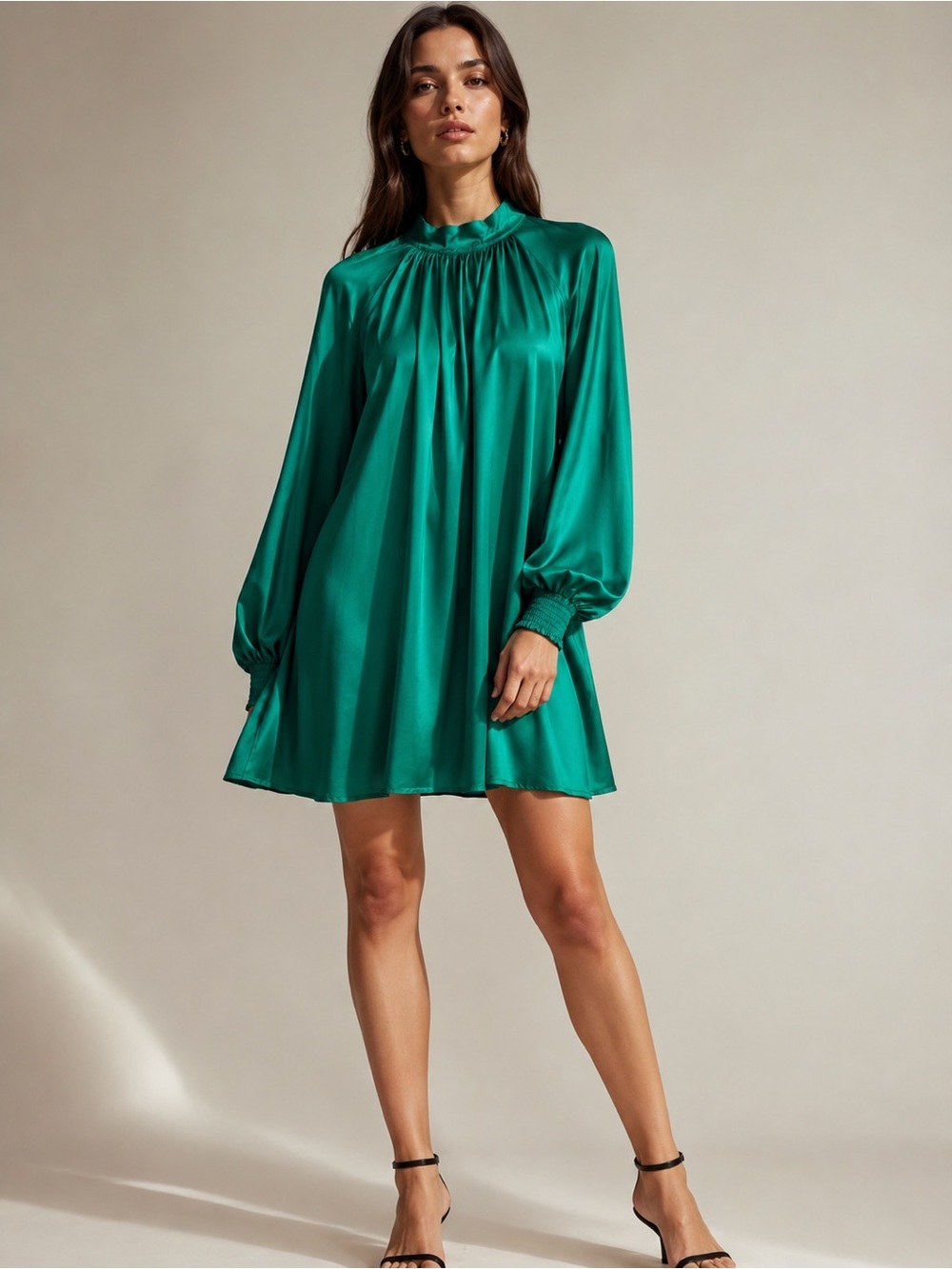 AURA Emerald Green Satin High Neck Dress Size Large Balloon Sleeve Shift Dress